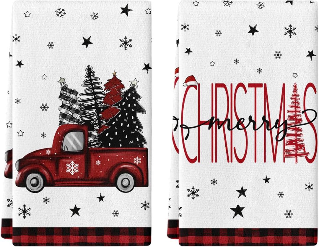 Christmas Hand Towel Set of 2, Red Truck Hand Towels, 18x26 Inch, Merry Christmas Tree Towel for Bathroom Home Kitchen, Soft Towel Red Buffalo Plaid Decoration, Winter Holiday Decor Towels