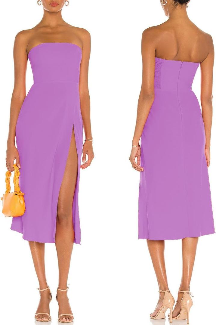 ALENDA DANMOS Women Strapless Midi Dress Tube Top Off Shoulder Summer Dress Thigh High Slit Cocktail Party Dress DD087 (Purple, M)