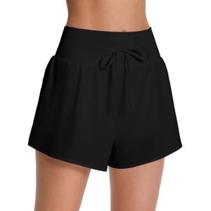 ATTRACO 3" High Waisted Swim Shorts Women Board Shorts for Swimming Beach Bathing Suit Bottoms with Liner (X-Large, Black)