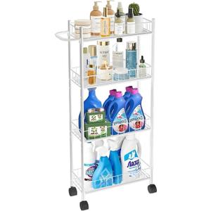 Utility Slim Storage Cart, 4-Tier Storage Cart, Narrow Cart with Handle, 7.1 Inches Deep, Metal Frame, for Kitchen, Dining Room, Living Room, Home Office, Rustic Brown and Classic (4 Tier White)