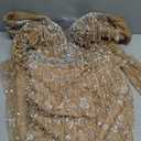 Women's V-Neck Sequin Beaded Mermaid Prom Dress Long Sleeve Formal Evening Gown Bodycon Wedding Guest Party Maxi Dress (Beige, L)