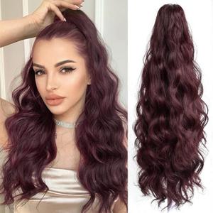 Ponytail Extension Wavy Claw Clip in Extensions 22" Long Curly Clips on Ponytails for Women Fluffy Pony Tail Fake Hair Natural Hairpieces for Wedding Party Daily Use 6 Oz Burgundy (Wine Red)