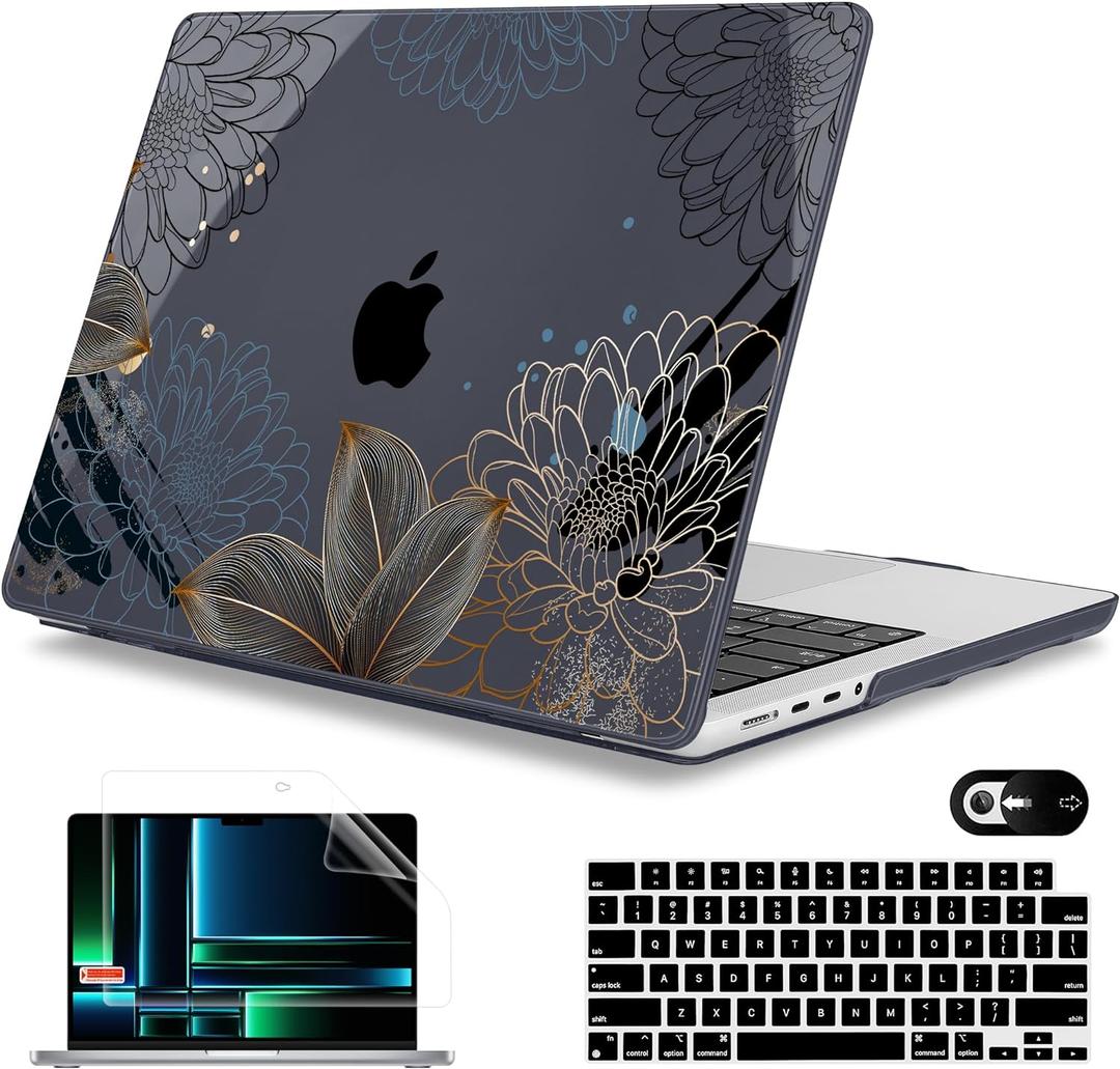 Mektron Case for MacBook Pro 14 inch 2024 2023 2021 Model M4 A3112 A3401 A3185 M3 A2918 A2992 M2 A2779 M1 A2442 Pro/Max, Plastic Hard Shell Case Cover for MacBook Pro 14", Line Chrysanthemums