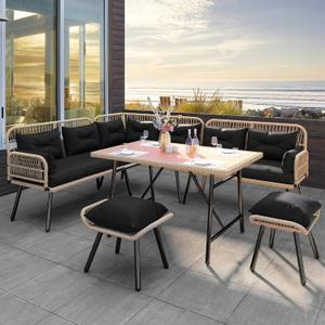 YITAHOME Patio Wicker L-Shaped Furniture Set, All-Weather Rattan Outdoor Conversation Sofa Set for Backyard Deck with Soft Cushions,Ottomans and Plastic Wood Dining Table (Light Brown+Black)