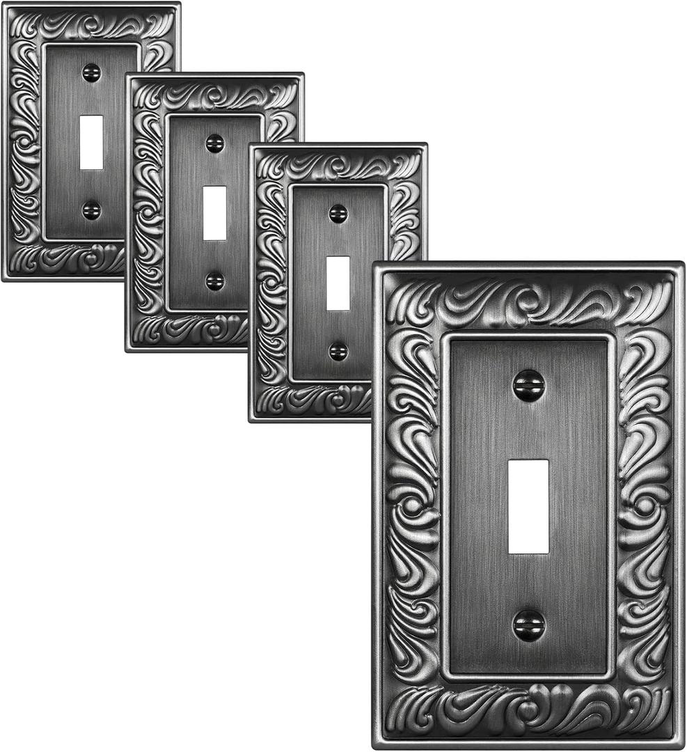 4-Pack Single Toggle Light Switch Cover Plate, Paisley Pattern Decorative Switch Plate Covers, Antique Silver 1 Gang Metal Wall Plate, Corrosion Resistant