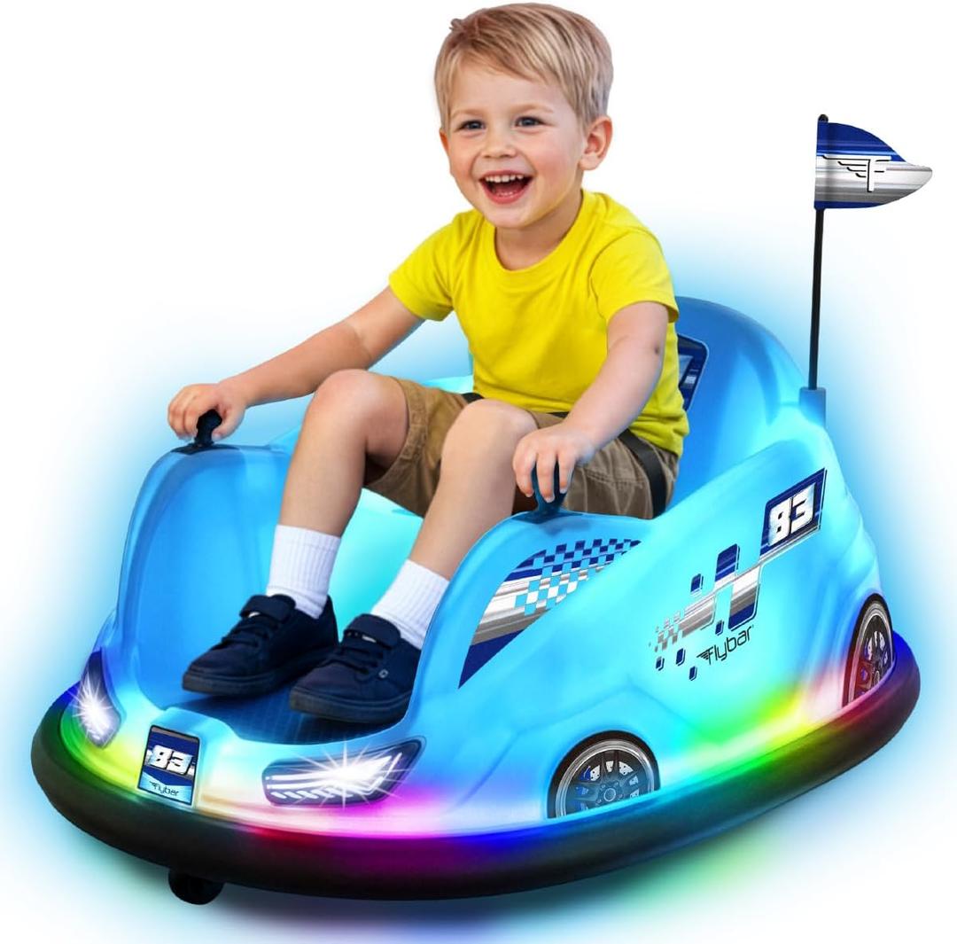 Flybar 12V Glow Bumper Car Ride On Toy - Indoor/Outdoor Toys, Toddler Toys, Bumper Cars, Kids Electric Car, w/ 360 Spins, Multi-Color LED Lights, Max Weight of 100lbs, Age 4-9yrs, Blue, Medium