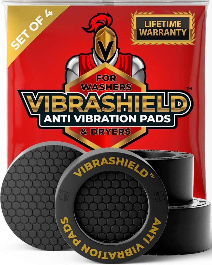 Anti Vibration Pads for Washing Machine with HexaGrip - Stops Washer Dryer Moving, Walking - Prevents Noise, Vibration Transfer - Rubber Antivibration Stabilizer Support Feet Mat - VIBRASHIELD 4 Pack