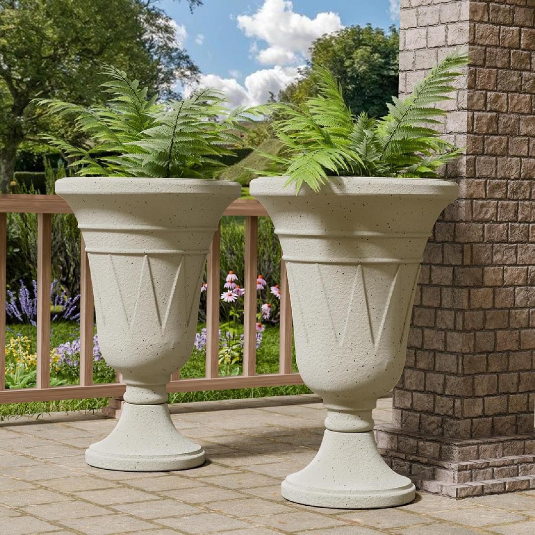 Trygoal 23.6" Tall Plastic Urn Planters for Outdoor Plants, Set of 2 Heavy-Duty Classic Indoor Large Flower Pots with Drainage Holes & Trophy Design, Outdoor Planters for Porch, Home Garden, White