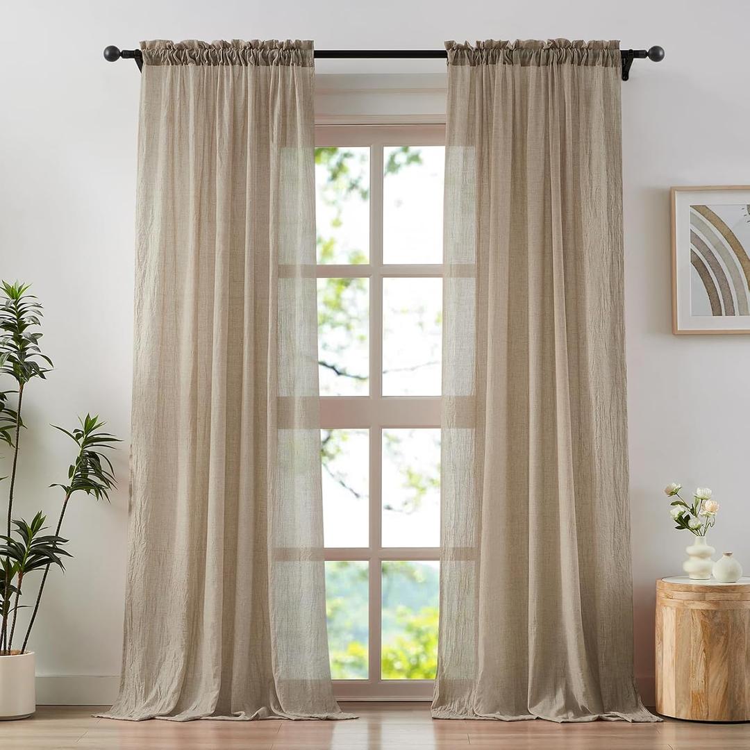 Anpark Tan Beige Sheer Curtains 63 Inch Length for Bedroom, Light Filtering Cotton Linen Textured Privacy Sheer Curtains Rod Pocket Natural Voile Drapes for Living Room, W52 x L63 in, 2 Panels