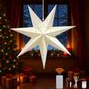 23" Paper Star Lantern with LED Lights, 7-Point Hanging Star Light for Christmas, Advent, Wedding, Birthday Classic White 3D Paper Lantern with Remote for Indoor Outdoor Decor