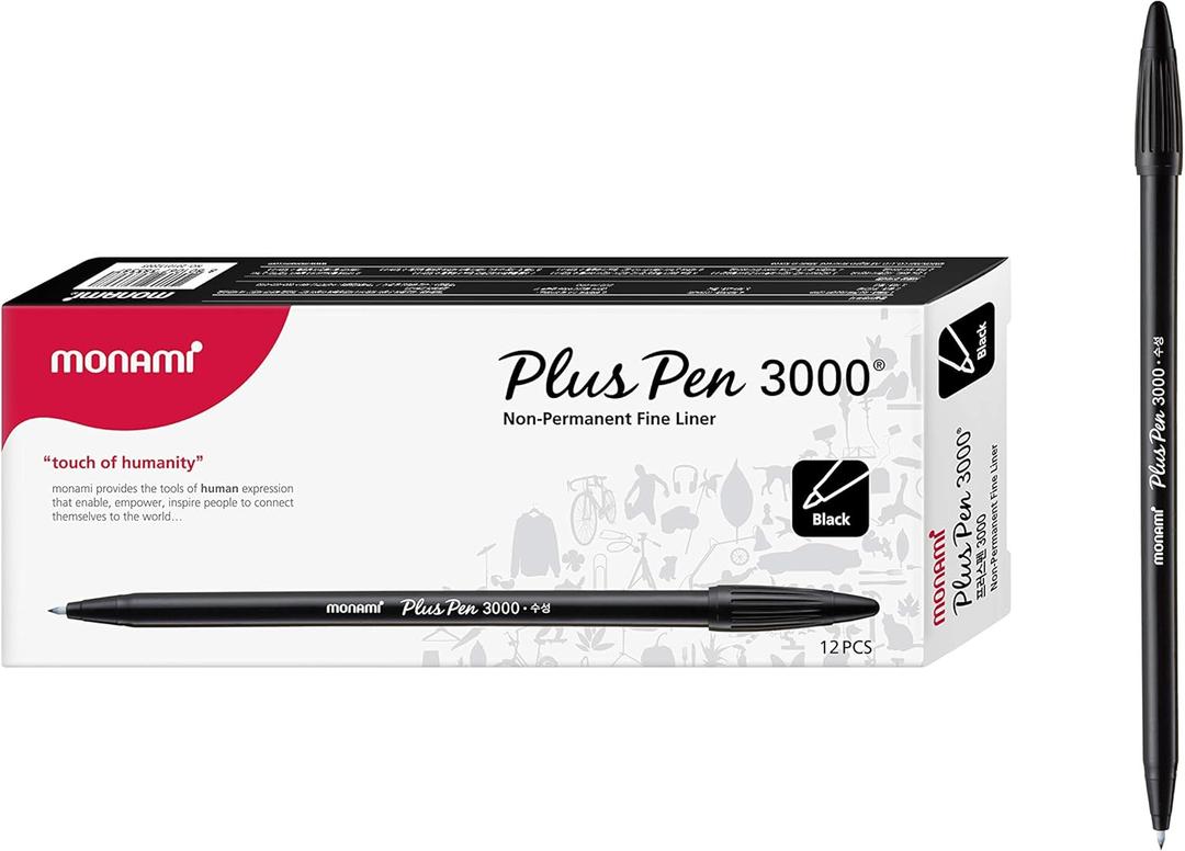 MONAMI Plus Pen 3000 Felt Tip Pens, Fine Point (0.4mm), Fine Liner, Writing/Journaling/Note Taking at home, school and office, Black, 12-Count
