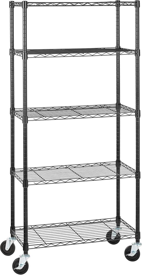 Amazon Basics 5-Shelf Adjustable, Heavy Duty Storage Shelving Unit on 4'' Wheel Casters, Metal Organizer Wire Rack, 30" L x 14" W x 64.75" H, Black