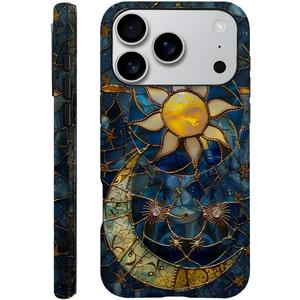 Case Compatible with iPhone 17 Pro,Fall Prevention Hybrid 2-Layer Hard Shell Phone Cover for Girls Boys,Sun Moon Celestial Glass