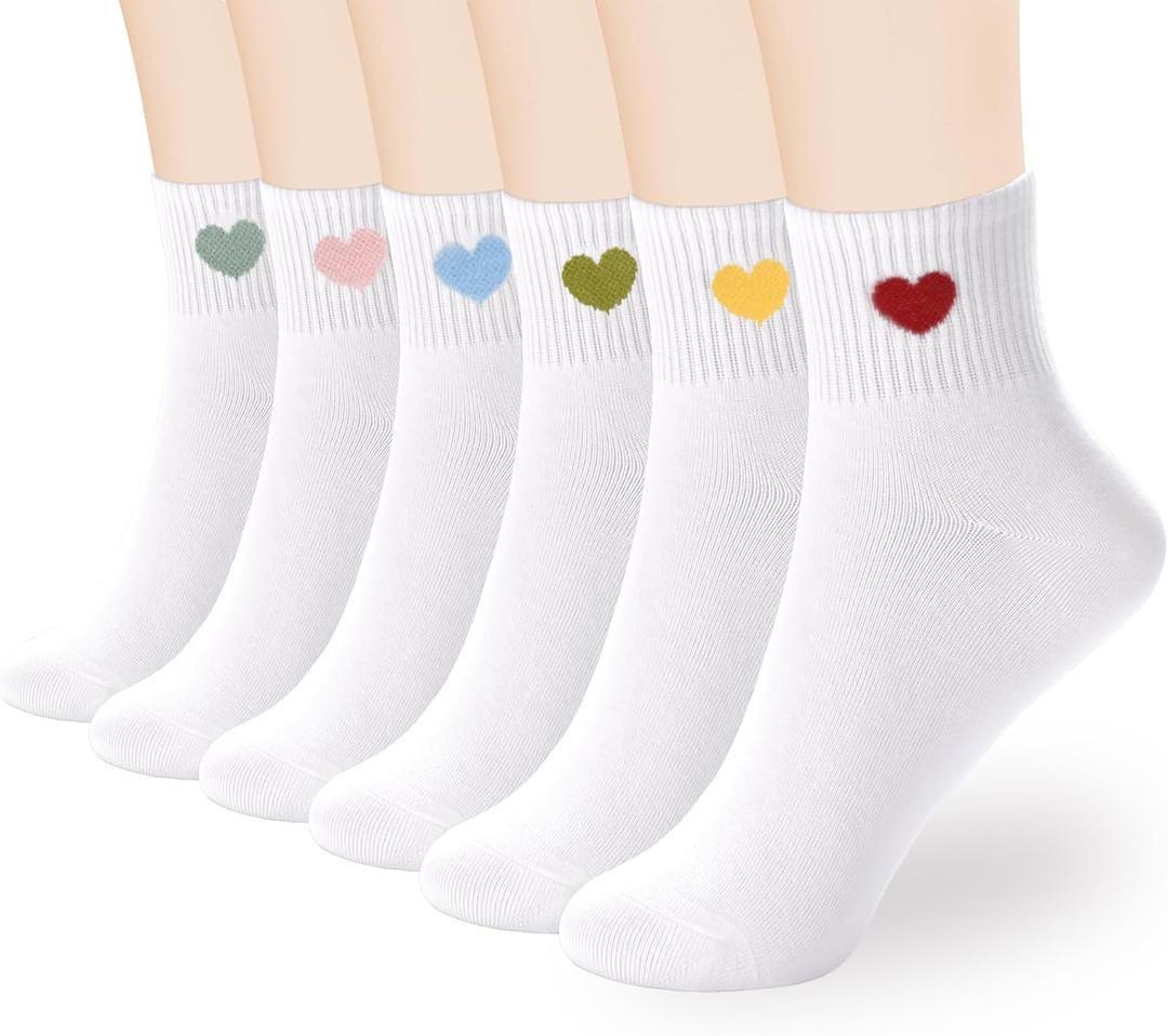 inhees Women's Ankle Crew Cotton Socks - 6Pairs Cute Fun Heart Casual Athletic Socks - Mother Gifts for Mom (Size 6-9)