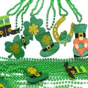 Mega-L St Patricks Day Necklaces, 18Pcs Green Gold Clover St Patricks Beads Accessories, Irish Bead Shamrock Necklaces, 6 Style Glitter Pendants for Parade Irish St Patricks Day Themed Party Favor