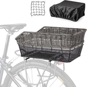 CXWXC Rear Bike Basket - Large Bicycle Rear Basket with Cargo Net and Waterproof Cover, Hand-Woven Baskets Rear Large Capacity (Grey)