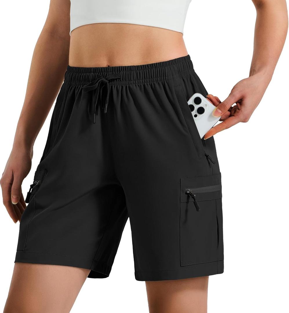 Hugut Women's Lightweight Hiking Cargo Shorts Quick Dry Athletic Shorts Camping Travel Golf Zipper Pockets Water Resistant (Black, L)