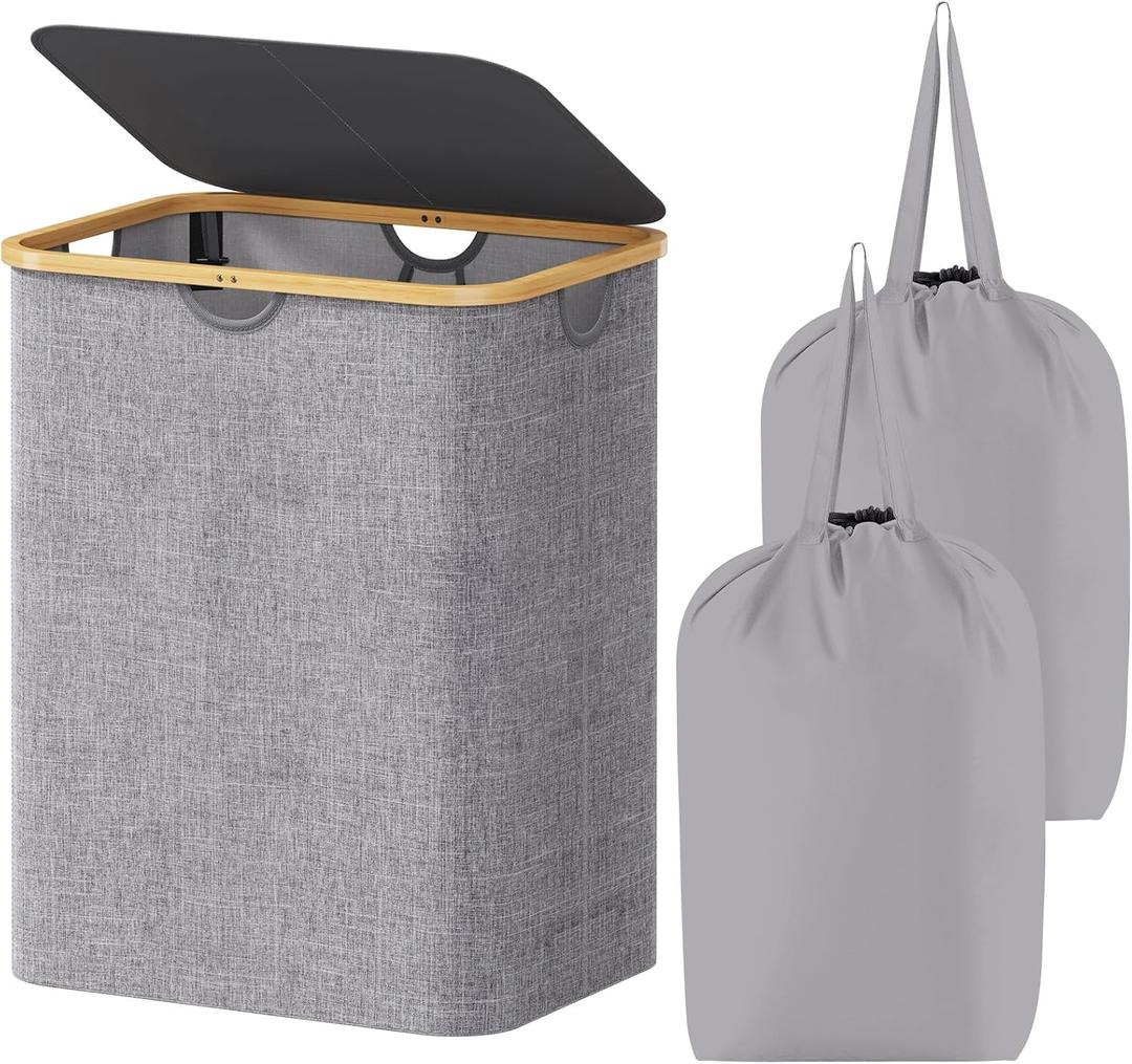 Lifewit 120L Laundry Basket with Lid, Clothes Hampers for Laundry with Bamboo Handles and A Removable Laundry Bag, Large Foldable Laundry Hamper for Bedroom, Bathroom, Dorm, Laundry Room, Light Gray