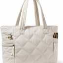 Prite Quilted Tote Bag for Women, Lightweight Puffer Tote with Zipper, Travel Work Nurse Gym Bag(Beige)