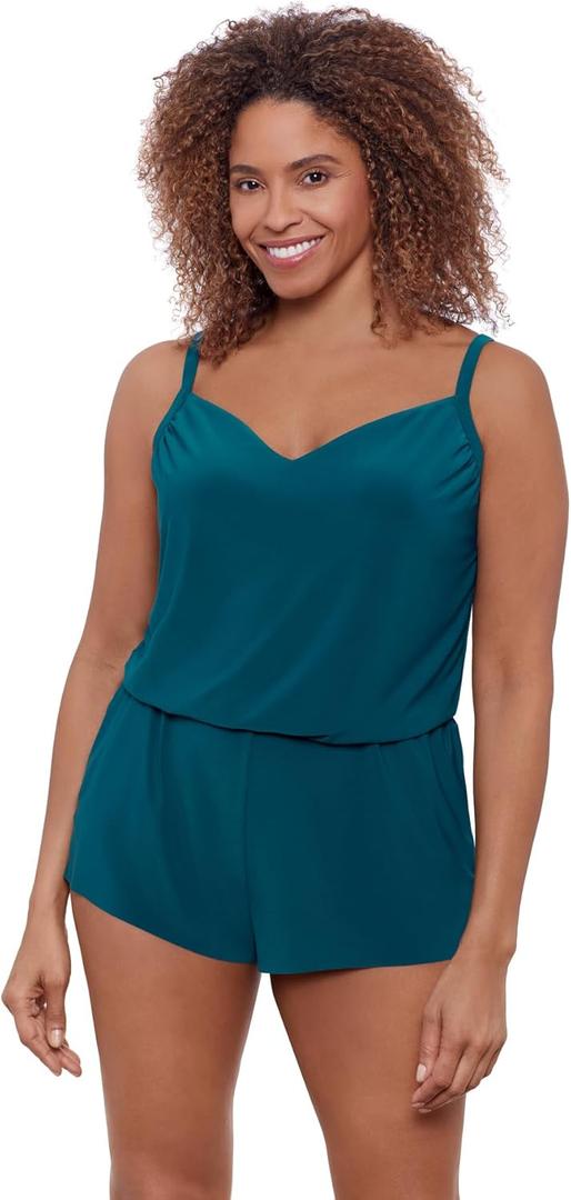 Aqua Green Womens V-Neck Blouson Slimming Swim Romper with Pocket (X-Large, Lagoon)