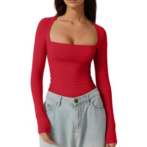QINSEN Women's Sexy Square Neck Shirt Long Sleeve Double Lined Tees Fitted Going Out Tops (Red, XS)