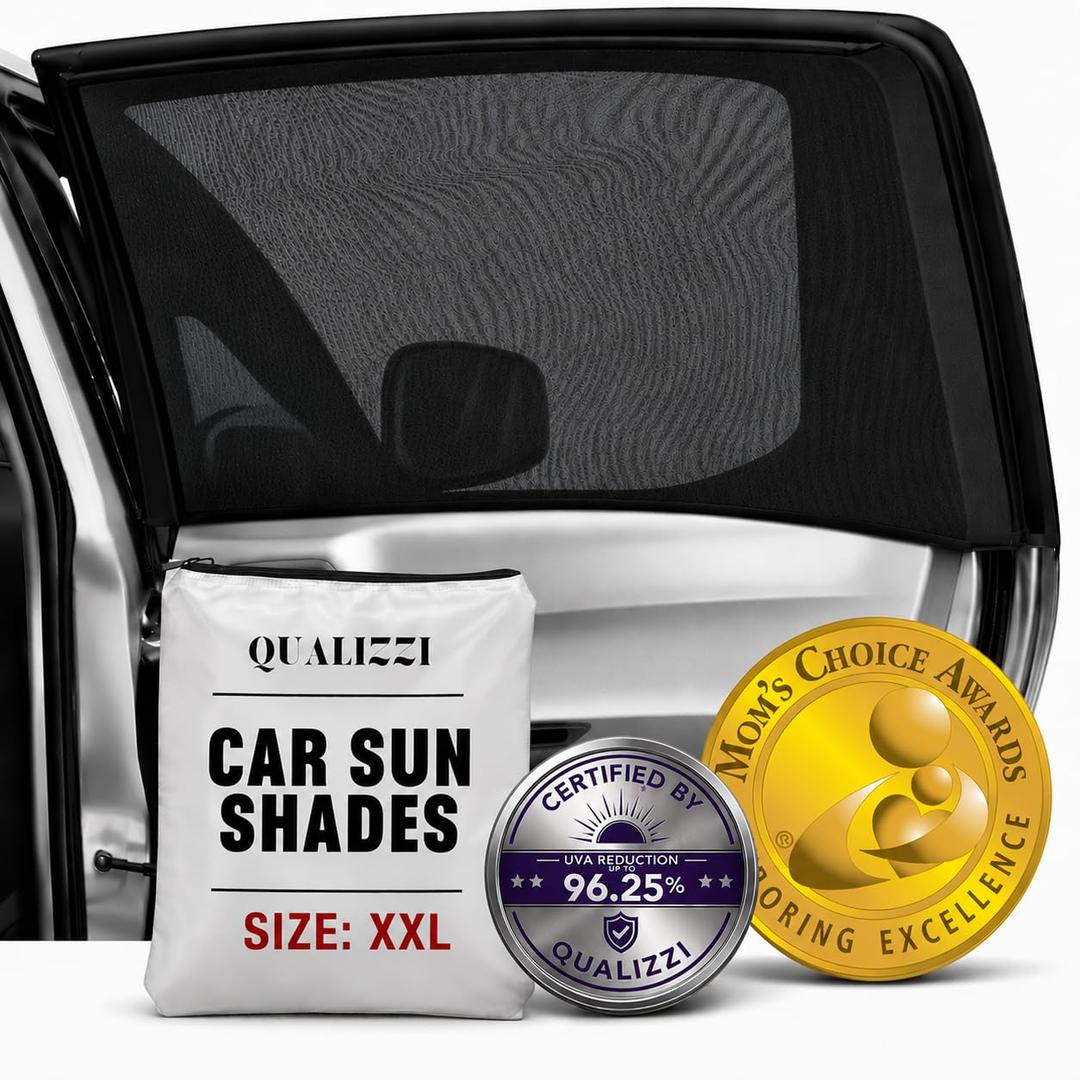 M/Car Window Sun Shades for Baby (9 Sizes) - Back Seat Stretchy Mesh Sock Style Heat Blockers for Side Windows, Protects from Sun, Bugs, UV & Ensures Privacy, 2-Pack by Qualizzi