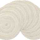 SHACOS Boho Round Placemats Set of 8 Braided Border Round Place Mats 15 inch Washable Dining Table Mats for Home Wedding Holiday Party (Ivory Bordered, 8)
