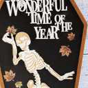 Spooky Farmhouse Halloween Wooden Signs with Sayings 12H x 6.5W, Cute Fun Farmhouse Skeleton Coffin Fall Halloween Table Sign for Tiered Tray Wreath Mantel Table Top Centerpiece Decor (Black)