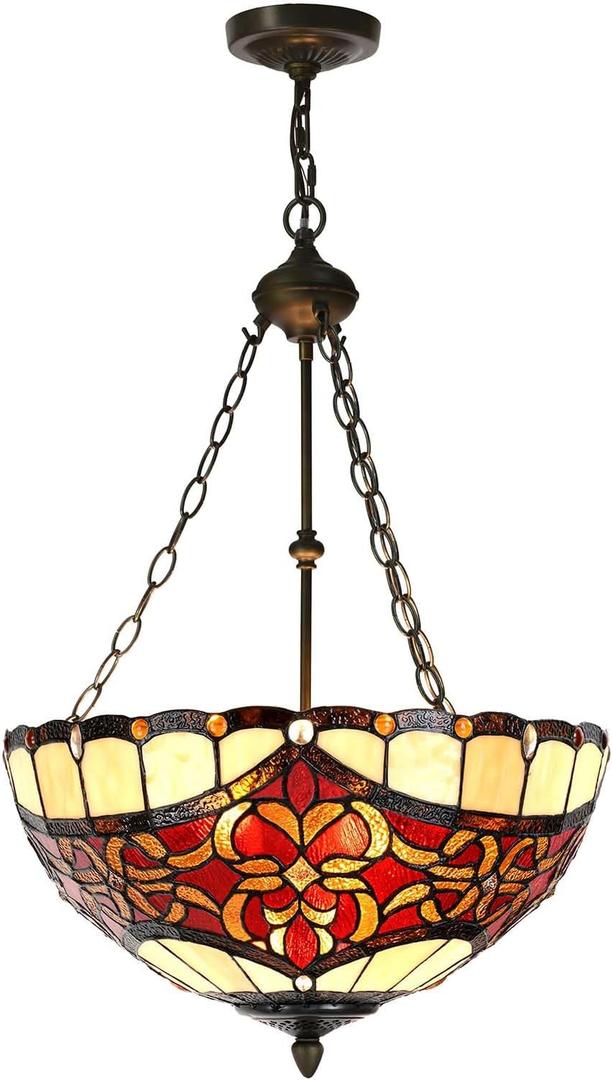 Bieye L12003 Tiffany-Style Stained Glass Baroque Ceiling Pendant Light, 3-Light Hanging Ceiling Fixture with Adjustable Chains (Red, 20 inches Wide)