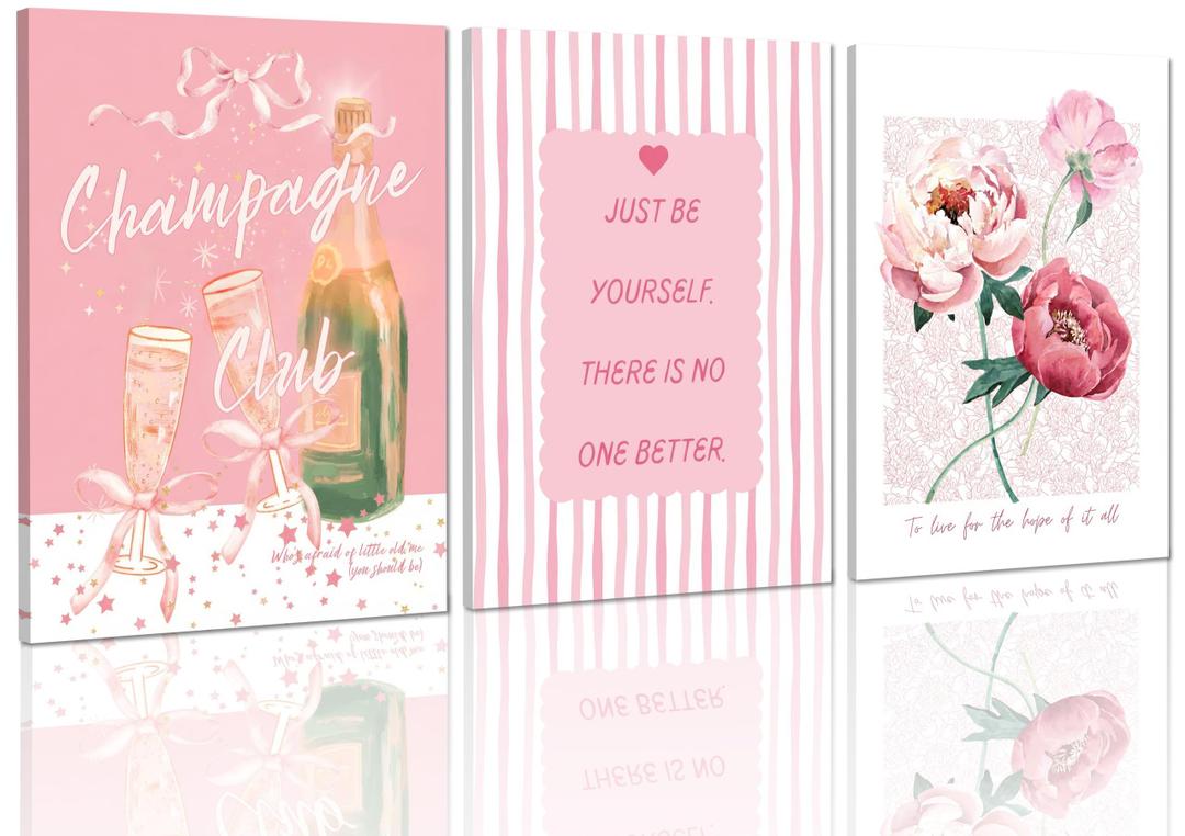 3Pcs Pink Preppy Canvas Wall Art, Funky Champagne Glasses Painting Picture Wall Decor, Trendy Aesthetic Pictures Poster Print Artwork, for Cute Teen Girls College Dorm Bedroom Apartment Home Decoration