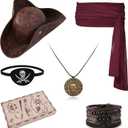 Pirate Hat and Accessories Set with Eye Patch Necklace Sash Leather Bracelets for Men Women Pirate Costume Halloween Cosplay Renaissance Outfit