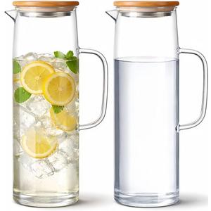 Hsei 2 Sets Glass Pitcher with Lid, 50 oz / 1500 ml Water Carafe with Handles Hot Cold Beverage Water Jar Glass Jug for Tea Juice Milk Coffee Iced Beverage (Glass Lid)
