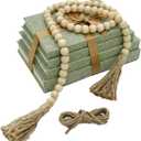 Decorative Books for Home Decor-Set of 4 Real Linen Decorative Books, Stacked Books with Wood Bead Garland, Jute Twine & Satin Ribbon, Neutral Modern Farmhouse & Boho Shelf Decor (Sage)