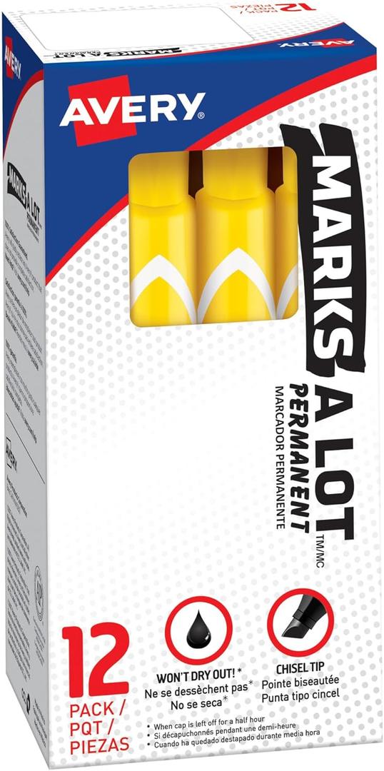 Avery Marks-A-Lot Large Chisel Tip Permanent Marker, Yellow, Box of 12 (08882)