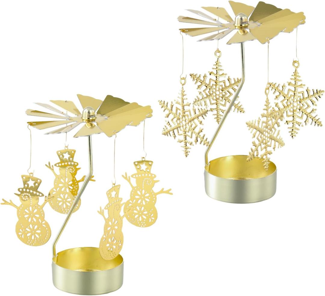 2Pcs Rotary Candle Holder Spinning Tea Light Candle Holder Christmas Style Metal Rotating Candlestick (2, Gold Christmas Snowflake & Snowman)