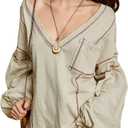 SOLY HUX Women's Long Sleeve Shirts Oversized Drop Shoulder V Neck T-Shirt Vintage Tops (Beige, S)