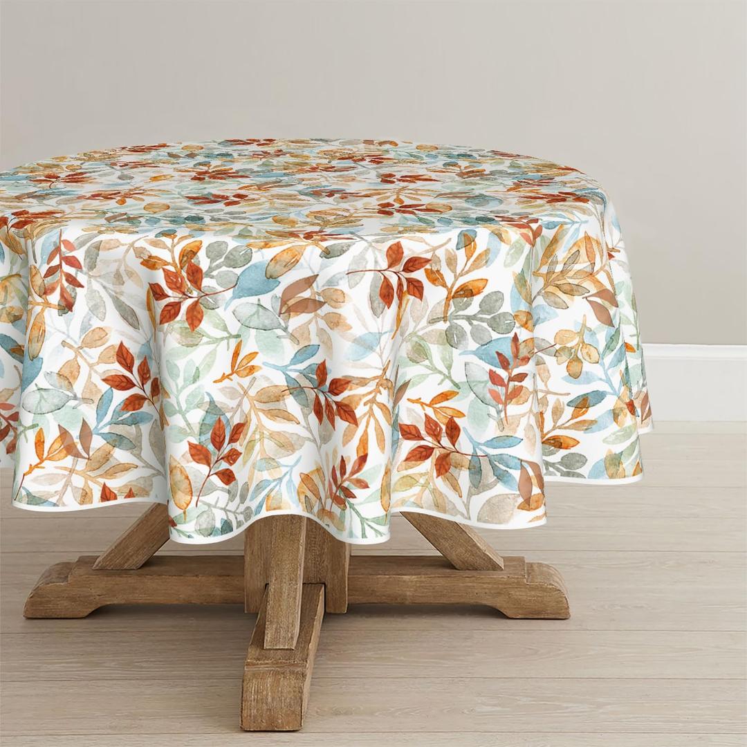 Horaldaily Fall Tablecloth 60x60 Inch Round, Thanksgiving Autumn Harvest Orange Blue Watercolor Leaf Table Cover for Party Picnic Dinner Decor
