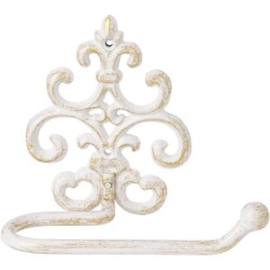 Sungmor Vintage Cast Iron Toilet Paper Holder - Wall Mounted Rustic Bathroom Tissue Holder with White & Gold Finish, Decorative Accent for Farmhouse, Victorian Dcor, Heavy Duty Metal Scroll Design