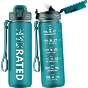 Water Bottle with Straw, 27oz Motivational Water Bottles with Time Marker to Drink, Tritan BPA Free, 750ml Sports Water Bottle with Carry Strap LeakProof for School Fitness Outdoor (1Pack) (Lakeshore Green)