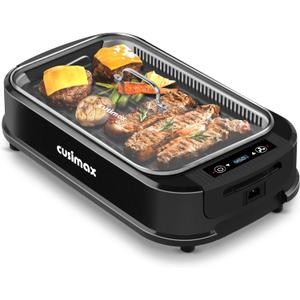 Smokeless Grill Indoor, CUSIMAX Electric Grill, 1500W Portable Korean BBQ Grill with LED Smart Display & Tempered Glass Lid, Non-stick Removable Plate, Dishwasher Safe, Black