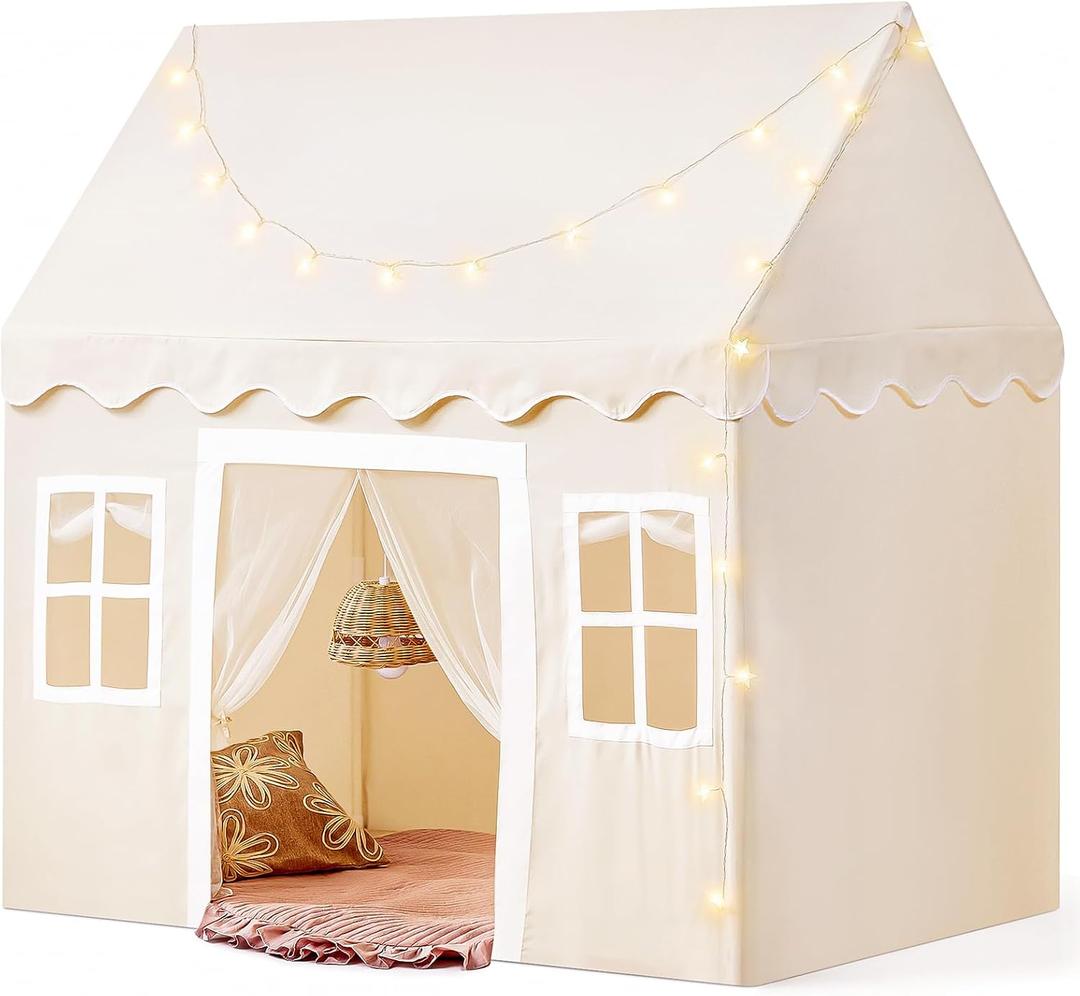 Tiny Land Play Tent with Padded Mat & LED Lights, Kids Tent, Playhouse for Kids, Indoor Bed Tent for Toddler, Toys for 3,4,5,6-Year-Old Girls, Neutral Color Play Room Furniture (Off-white)