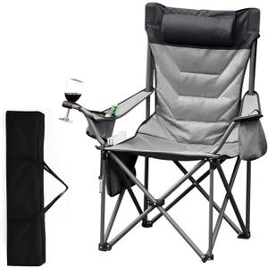 Oversized Padded Camping Chairs, Hevy Duty Folding Camp Chair - 500Lbs Support for Adults - Comfortable Camping Chair with High Back & Pillow, 1 Pack, Grey 