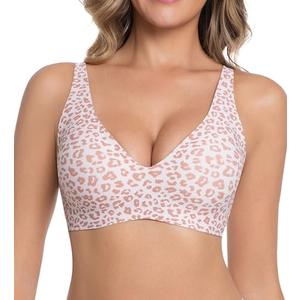 Jelly Wireless Bra for Women Deep V Push Up Seamless T-Shirt Bras Comfortable Plunge No Underwire Bra with Adjustable Straps Everyday Bras Leopard Pink, M