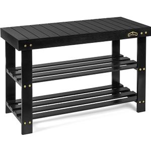 Bamboo 3 Tier Shoe Rack Bench, Premium Shoe Organizer or Entryway Bench, Perfect for Shoe Cubby, Entry Bench, Bathroom Bench, Entryway Organizer, Hallway or Living Room(Black), Large