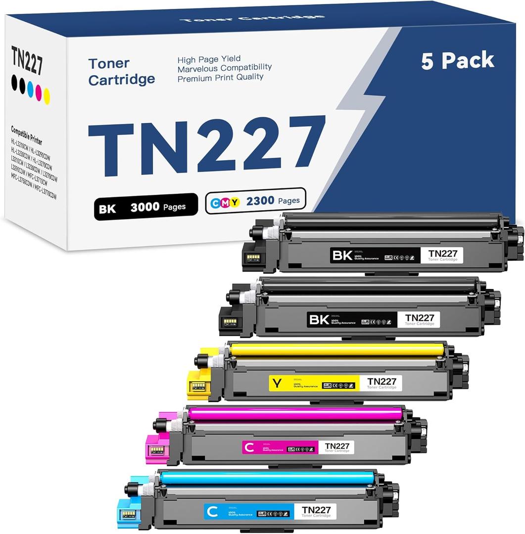 TN227 Toner Cartridge High Yield Replacement for Brother TN-227 TN223 TN 227BK 227C 227M 227Y to Work with Brother HL-L3270CDW MFC-L3770CDW HL-L3290CDW MFC-L3750CDW HL-L3210CW Printer (5 Pack)