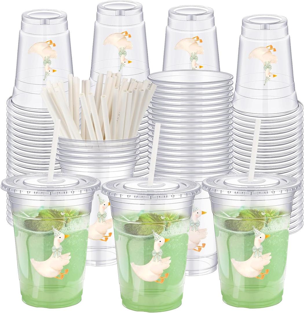 50 Pcs One Silly Goose Birthday Party Disposable Plastic Cups with Lids Straws 16 oz Cute Goose Decorations for Birthday Baby Showers Decorations Party Supplies (Green)