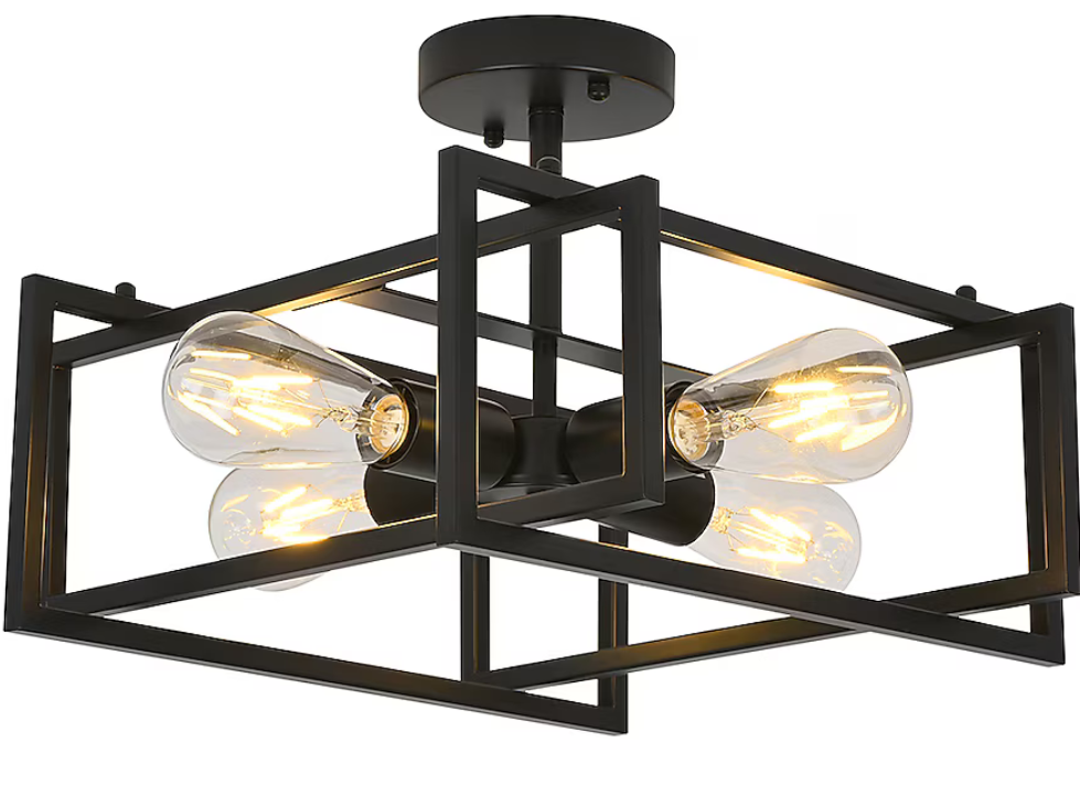 GLOBE Electric 61182 4-Light Semi-Flush Mount Ceiling Light, Matte Black Finish, Open Geometric Frame, Flame Tip Edison Bulbs Included, Modern Industrial Design