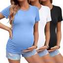 Ficerd 3 Pack Women's Maternity T-Shirts, Short Sleeve Maternity Tops Comfy Crew Neck Side Ruched Pregnancy Clothes (XXL)