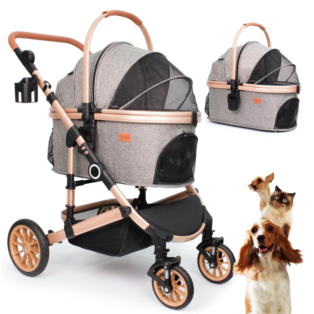 Bicystar Pet Stroller for Medium Dogs, Smooth-Ride Dog Stroller with Detachable Carrier, Rubber Wheels, Car Seat Combo 3-in-1, Up to 50 lbs, for Senior Dogs & Cats, Grey