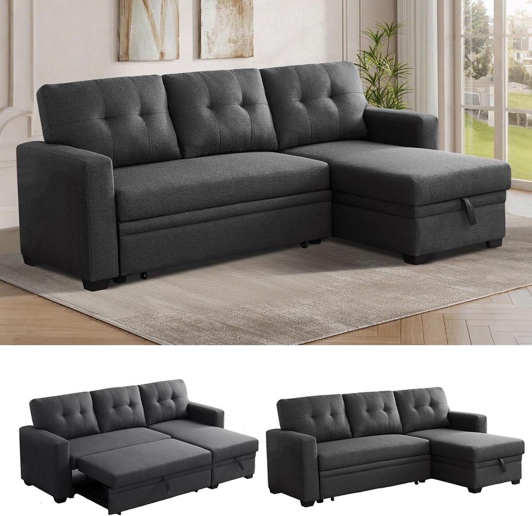 Reversible Sectional Sleeper Sofa with Pull Out Couch Bed, Convertible L-Shaped Sof w/Storage Chaise, Comfy Modular Corner Sofa&Couch, Sofa Cama para Sala for Living Room Apartment Office Furniture